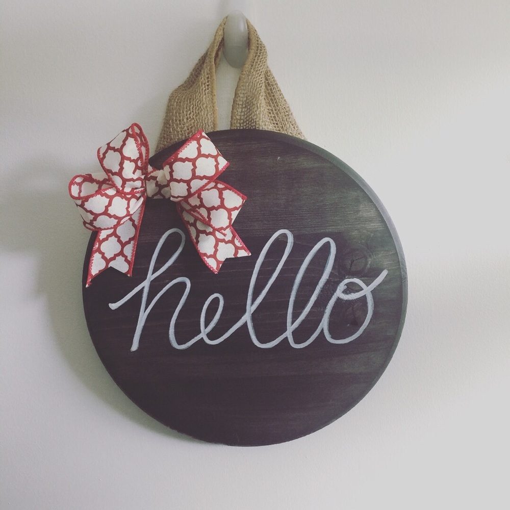 Custom wooden HELLO sign w/ ribbon detail